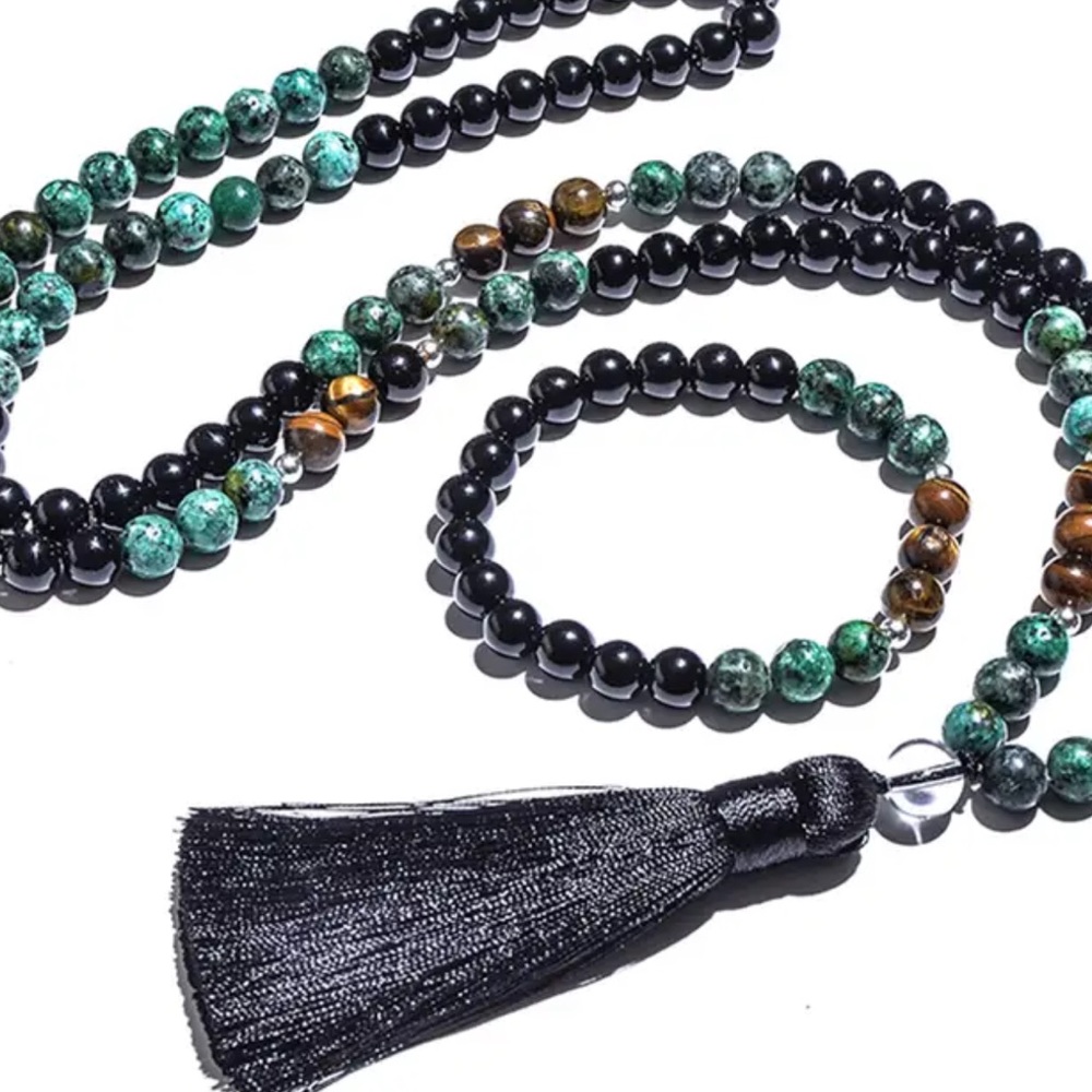 African turquoise, obsidian and tigers eye mala and bracelet set - Picture 3 of 7